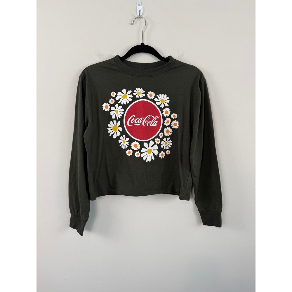 Coca-Cola Shirt Olive Green M Long Sleeve Daisy Floral Cropped Graphic Tee Indie